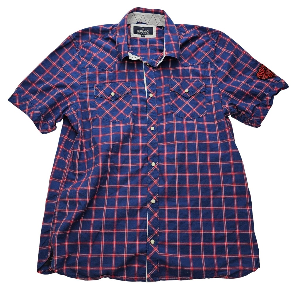 Buffalo David Bitton Mens XL Blue Red Plaid Short Sleeve Western Snap Shirt